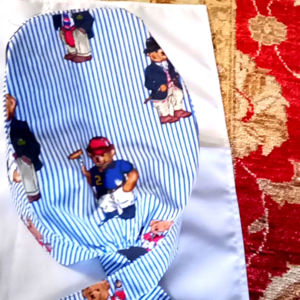 Scrub hat made with Ralph Lauren bear fabric